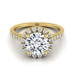 14K Yellow Gold Round Brilliant Classic French Pave Halo And Linear Engagement Ring -3/8ctw