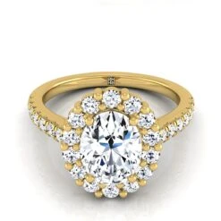 14K Yellow Gold Oval Diamond Shared Prong Halo Engagement Ring -5/8ctw