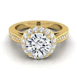 14K Yellow Gold Round Brilliant Diamond Straight Channel Row French Pave Halo Engagement Ring -3/8ctw