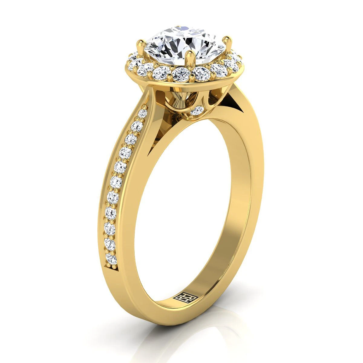 14K Yellow Gold Round Brilliant Diamond Straight Channel Row French Pave Halo Engagement Ring -3/8ctw - Image 2