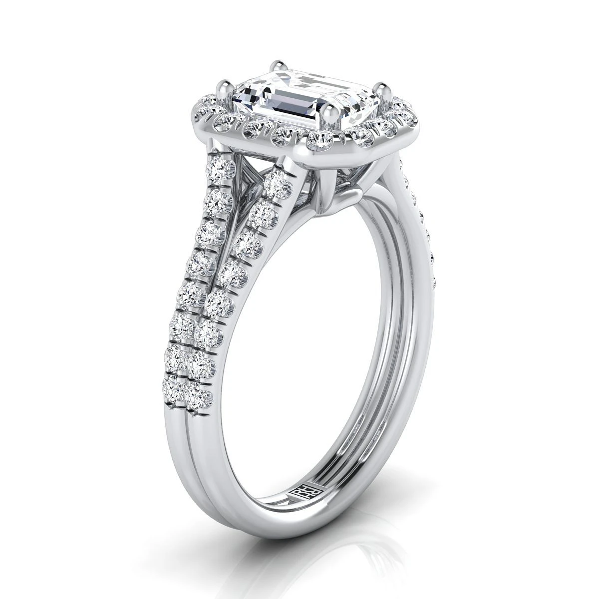 Platinum Emerald Cut Diamond French Pave Split Shank Halo Engagement Ring -5/8ctw - Image 2
