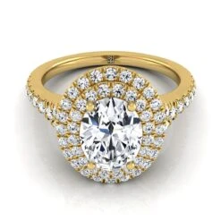 14K Yellow Gold Oval Diamond Double Halo Scalloped Pavé Engagement Ring -1/2ctw