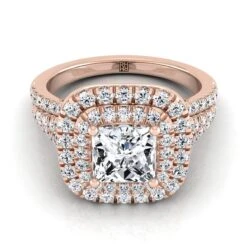 14K Rose Gold Princess Cut Diamond Four Row Split Shank Pave Double Halo Diamond Engagement Ring -7/8ctw