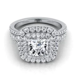 Platinum Princess Cut Diamond Four Row Split Shank Pave Double Halo Diamond Engagement Ring -7/8ctw