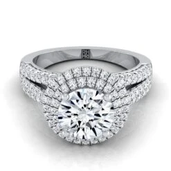 Platinum Round Brilliant Extraordinary Three Tier Diamond Halo Crown Engagement Ring -7/8ctw