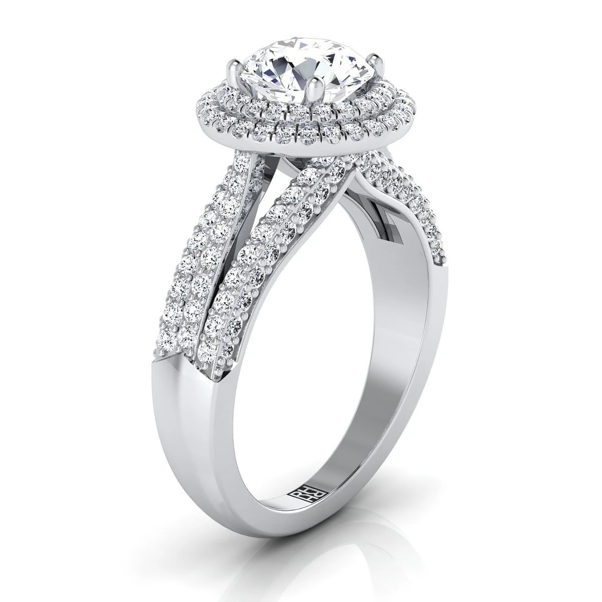 Platinum Round Brilliant Extraordinary Three Tier Diamond Halo Crown Engagement Ring -7/8ctw - Image 2