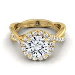 18K Yellow Gold Round Brilliant Diamond Twisted Vine Halo Engagement Ring -1/2ctw