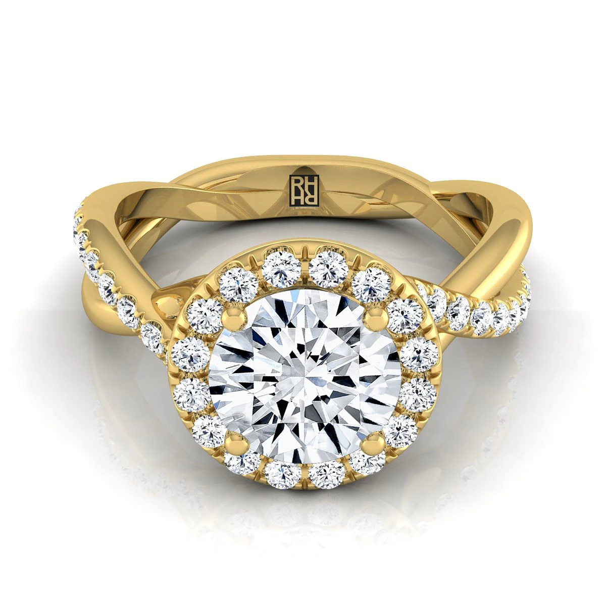 18K Yellow Gold Round Brilliant Diamond Twisted Vine Halo Engagement Ring -1/2ctw