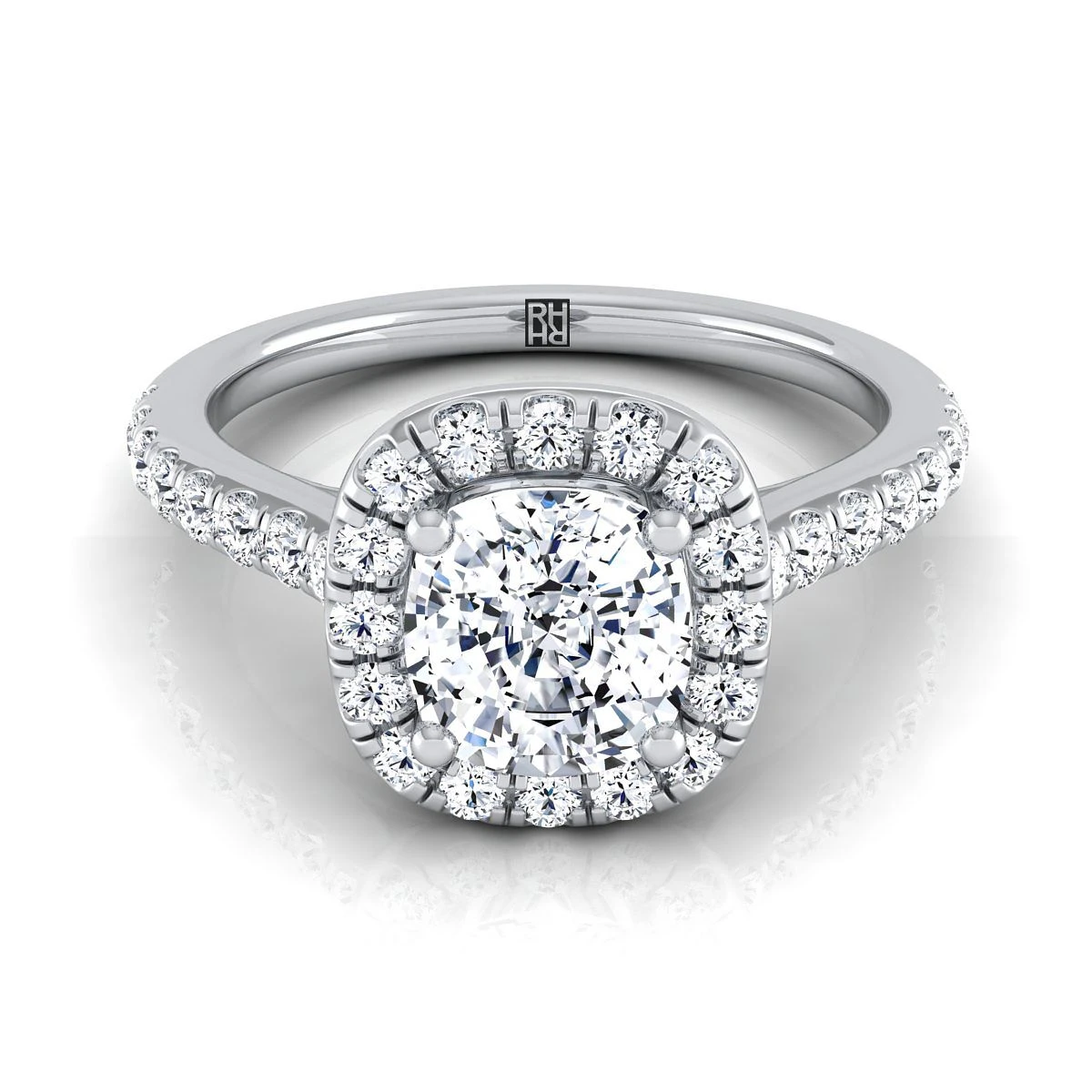 Platinum Cushion Diamond Classic Pave Halo Cathedral Style Engagement Ring -1/2ctw