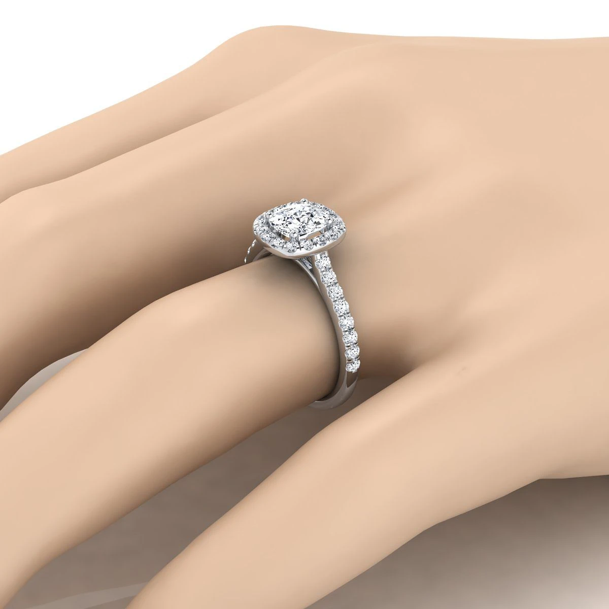 Platinum Cushion Diamond Classic Pave Halo Cathedral Style Engagement Ring -1/2ctw - Image 3