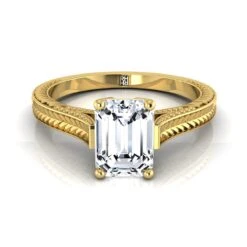 18K Yellow Gold Emerald CutHand Engraved Vintage Cathedral Style Solitaire Engagement Ring