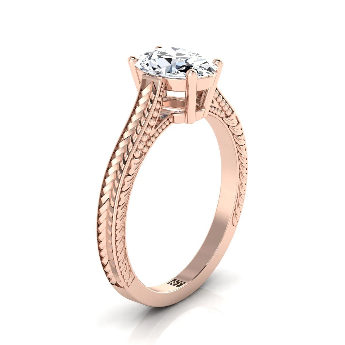 14K Rose Gold Oval Aquamarine Hand Engraved Vintage Cathedral Style Solitaire Engagement Ring - Image 2
