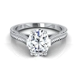 Platinum OvalHand Engraved Vintage Cathedral Style Solitaire Engagement Ring
