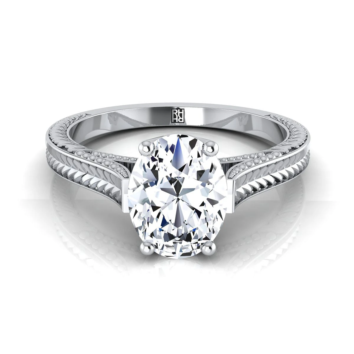 Platinum OvalHand Engraved Vintage Cathedral Style Solitaire Engagement Ring