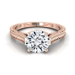 14K Rose Gold Round BrilliantHand Engraved Vintage Cathedral Style Solitaire Engagement Ring