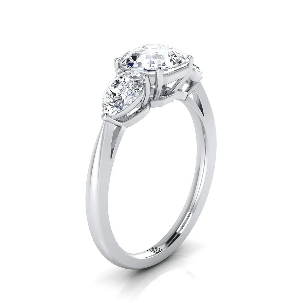 Platinum Asscher Cut Diamond Perfectly Matched Pear Shaped Three Diamond Engagement Ring -7/8ctw - Image 2