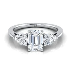 Platinum Emerald Cut Diamond Perfectly Matched Pear Shaped Three Diamond Engagement Ring -7/8ctw