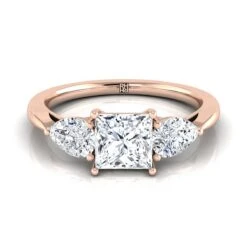 14K Rose Gold Princess Cut Diamond Perfectly Matched Pear Shaped Three Diamond Engagement Ring -7/8ctw