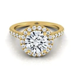 14K Yellow Gold Round Brilliant Diamond Shared Prong Halo With French Pave Engagement Ring -3/8ctw