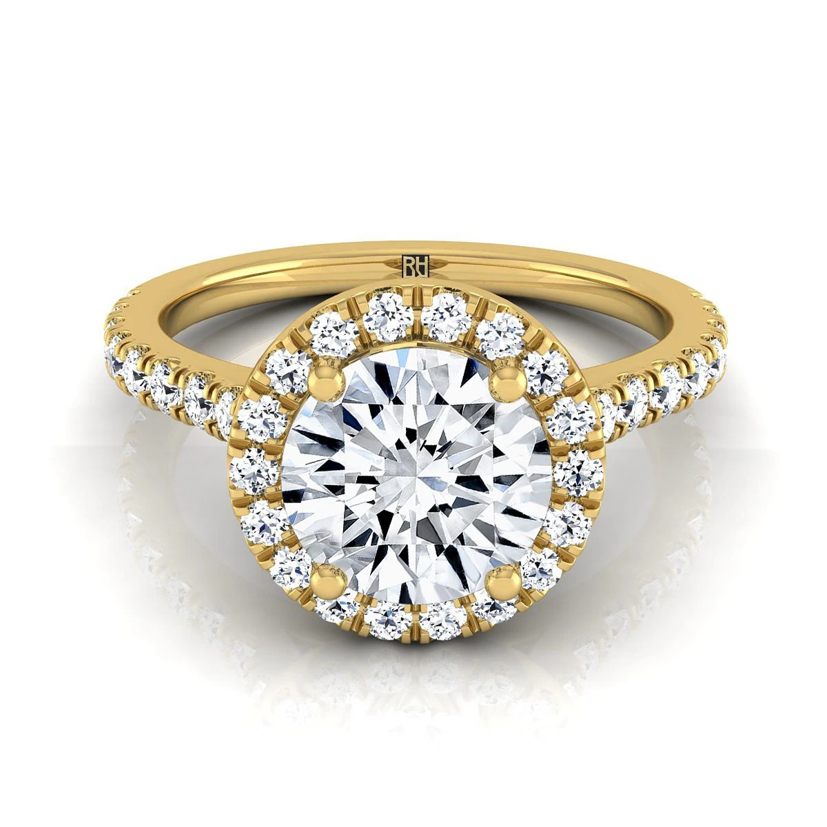 14K Yellow Gold Round Brilliant Diamond Shared Prong Halo With French Pave Engagement Ring -3/8ctw