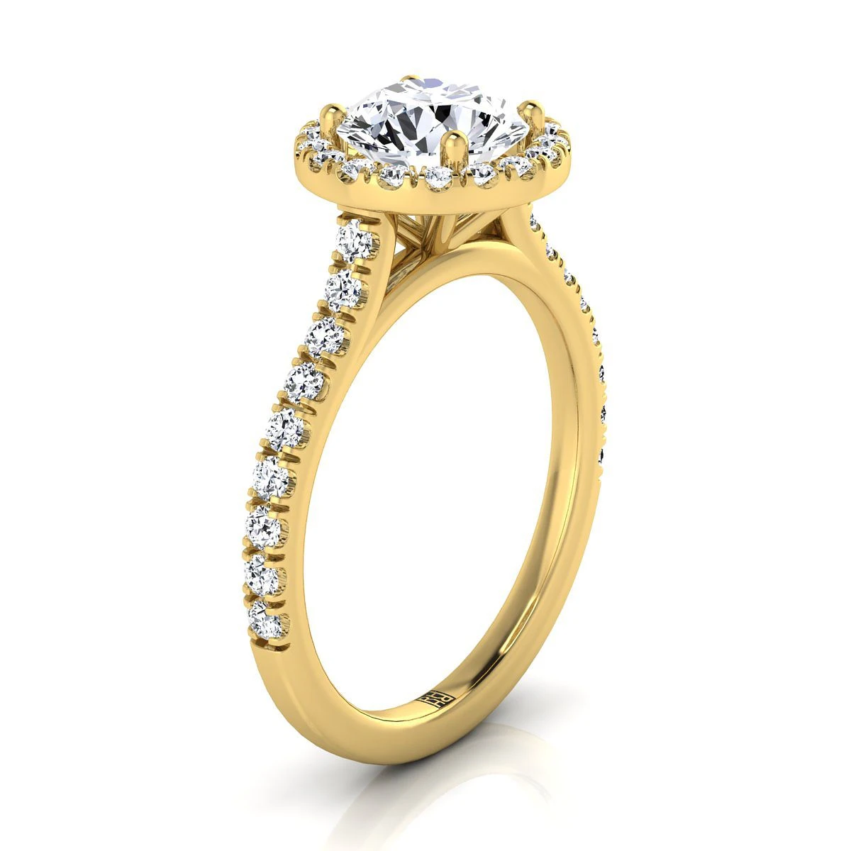 14K Yellow Gold Round Brilliant Diamond Shared Prong Halo With French Pave Engagement Ring -3/8ctw - Image 2