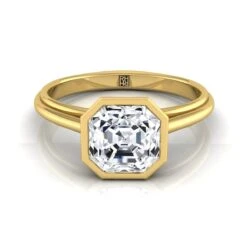 14K Yellow Gold Asscher CutBezel Halo Cathedral Solitaire Engagement Ring