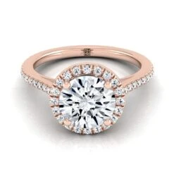 14K Rose Gold Round Brilliant Classic French Pave Halo And Linear Engagement Ring -1/4ctw