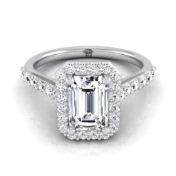 Platinum Emerald Cut Diamond Shared Prong Halo With French Pave Engagement Ring -1/2ctw