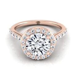 14K Rose Gold Round Brilliant Diamond Shared Prong Halo With French Pave Engagement Ring -1/2ctw