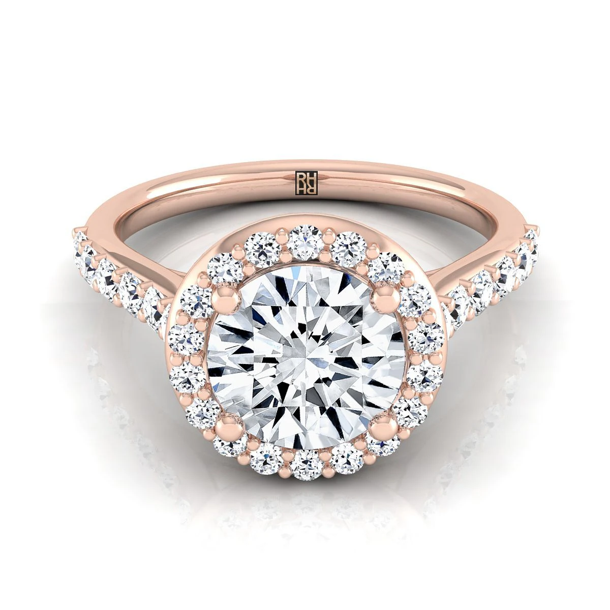 14K Rose Gold Round Brilliant Diamond Shared Prong Halo With French Pave Engagement Ring -1/2ctw