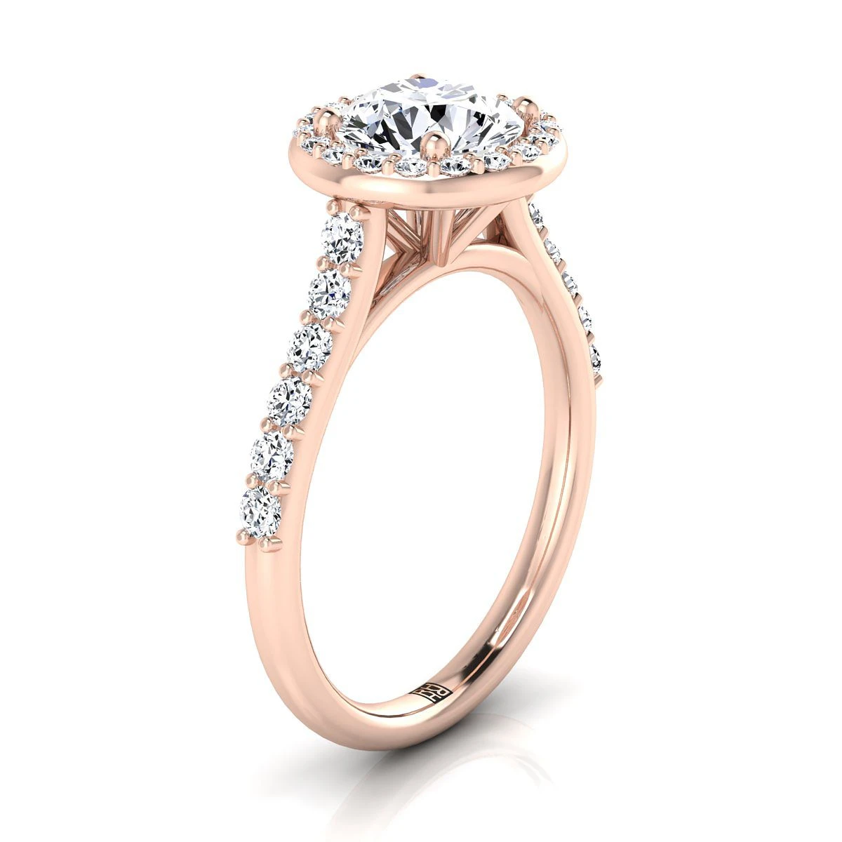 14K Rose Gold Round Brilliant Diamond Shared Prong Halo With French Pave Engagement Ring -1/2ctw - Image 2