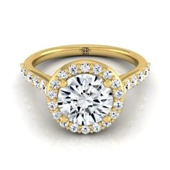 18K Yellow Gold Round Brilliant Diamond Shared Prong Halo With French Pave Engagement Ring -1/2ctw
