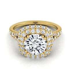 14K Yellow Gold Round Brilliant Diamond Double Halo Split Shank French Pave Engagement Ring -5/8ctw