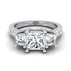 Platinum Princess Cut Diamond Three Stone Classic With Channel French Pave Engagement Ring -3/4ctw