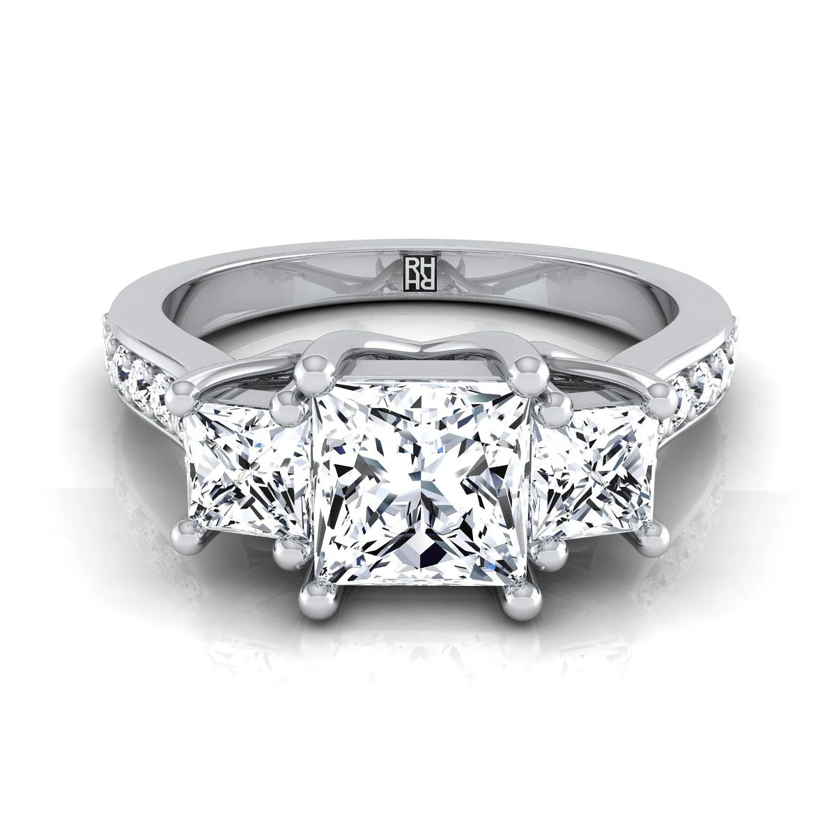 Platinum Princess Cut Diamond Three Stone Classic With Channel French Pave Engagement Ring -3/4ctw