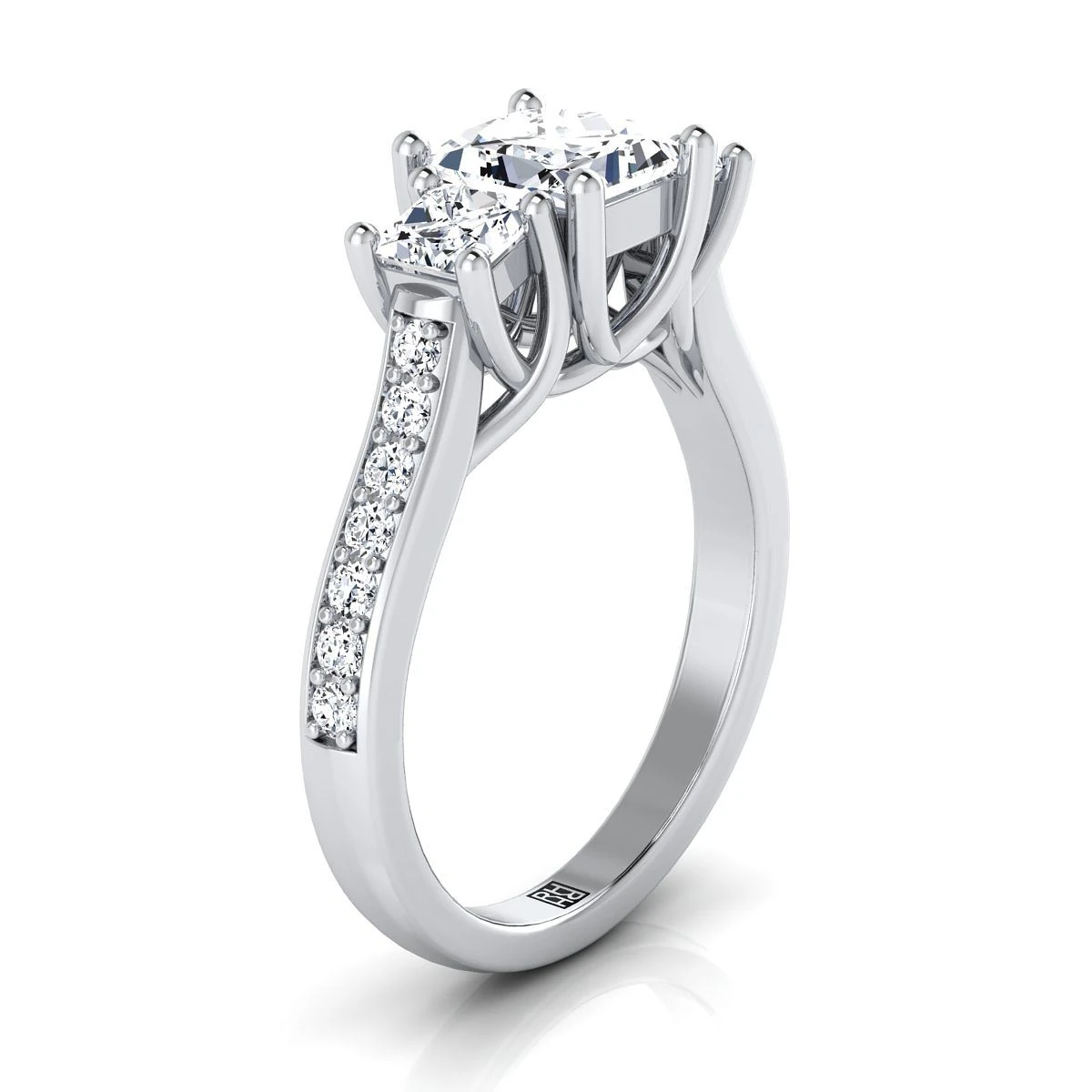 Platinum Princess Cut Diamond Three Stone Classic With Channel French Pave Engagement Ring -3/4ctw - Image 2