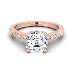 14K Rose Gold Asscher Cut Diamond Tapered Pave Engagement Ring -1/8ctw