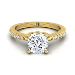 14K Yellow Gold Cushion Diamond Tapered Pave Engagement Ring -1/8ctw