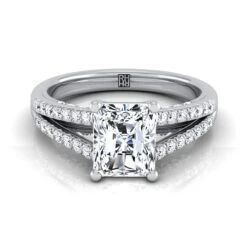 Platinum Radiant Cut Center Diamond Split Shank French Pave Engagement Ring -1/3ctw