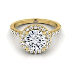 18K Yellow Gold Round Brilliant Classic Halo Linear Diamond Engagement Ring -1/3ctw