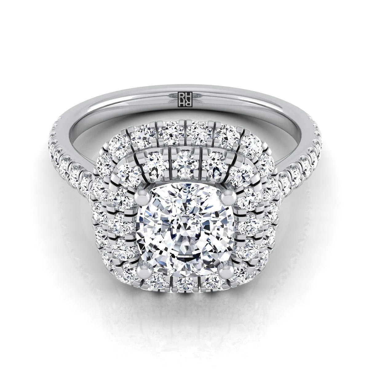 Platinum Cushion Double Halo And Linear Pave Engagement Diamond Ring -3/4ctw