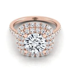 14K Rose Gold Round Brilliant Double Halo And Linear Pave Engagement Diamond Ring -3/4ctw