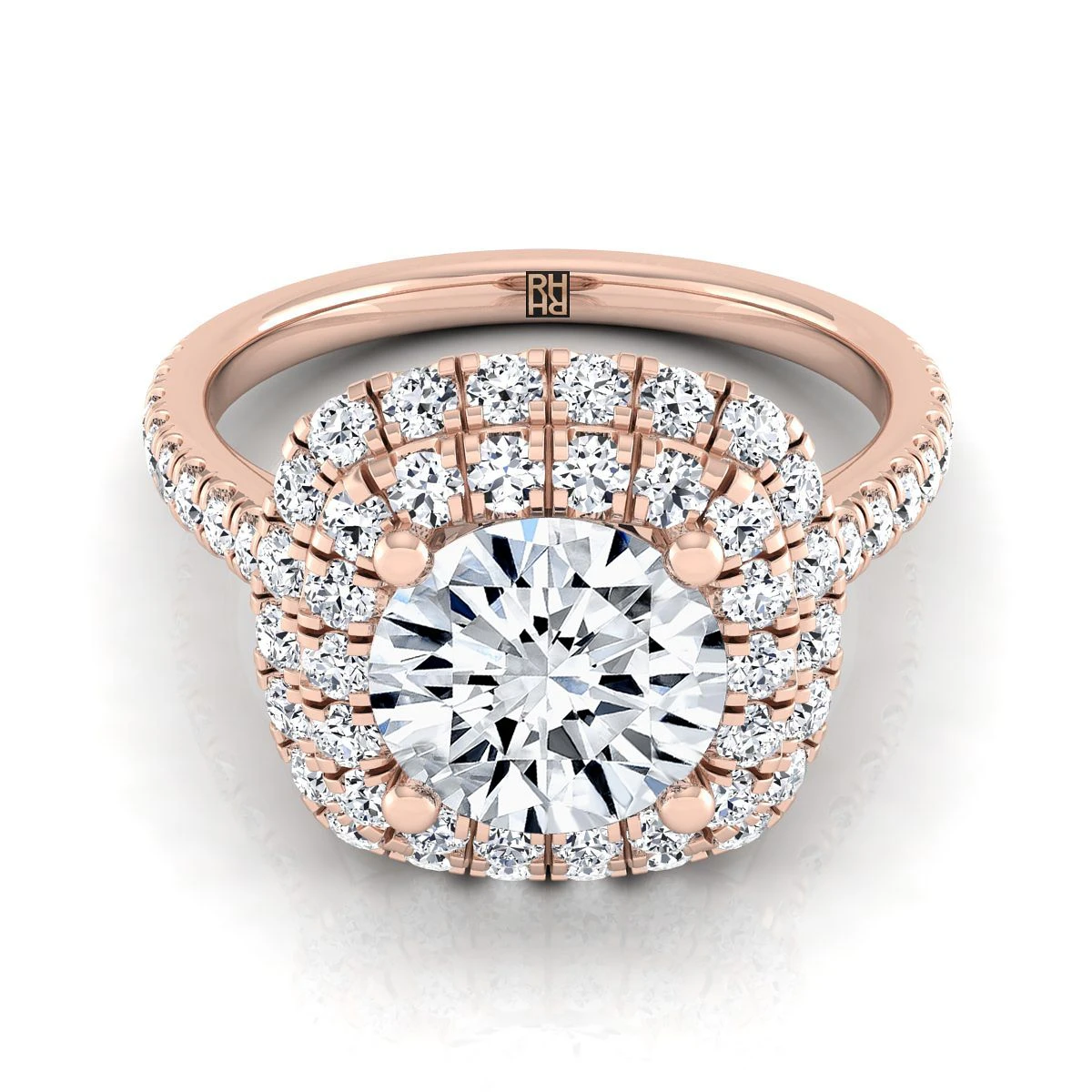 14K Rose Gold Round Brilliant Double Halo And Linear Pave Engagement Diamond Ring -3/4ctw