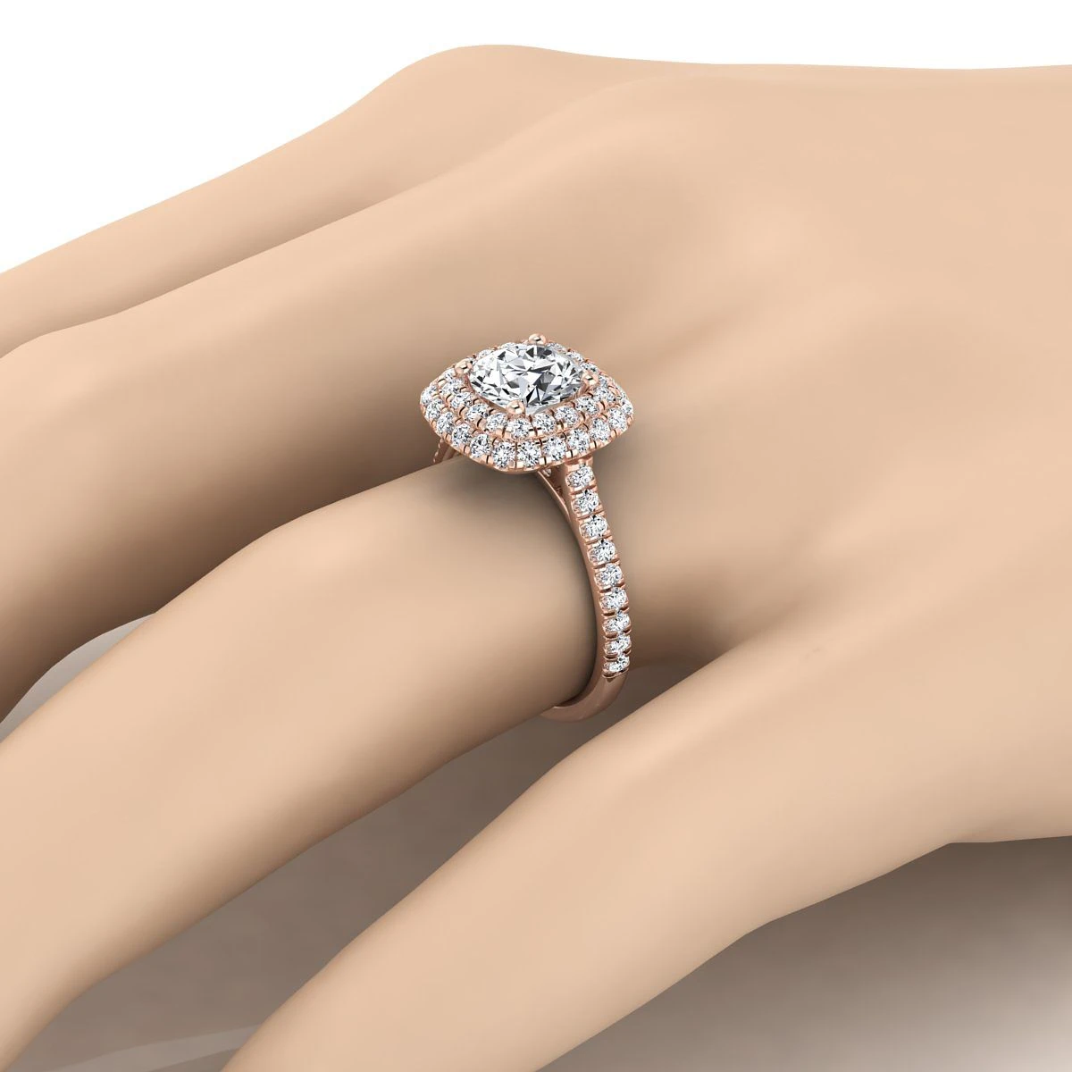 14K Rose Gold Round Brilliant Double Halo And Linear Pave Engagement Diamond Ring -3/4ctw - Image 3