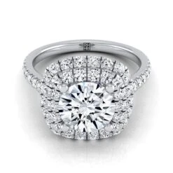 Platinum Round Brilliant Double Halo And Linear Pave Engagement Diamond Ring -3/4ctw