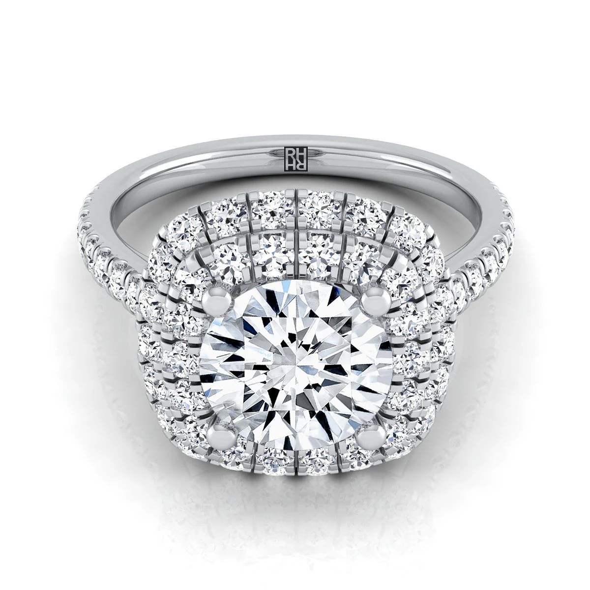 Platinum Round Brilliant Double Halo And Linear Pave Engagement Diamond Ring -3/4ctw