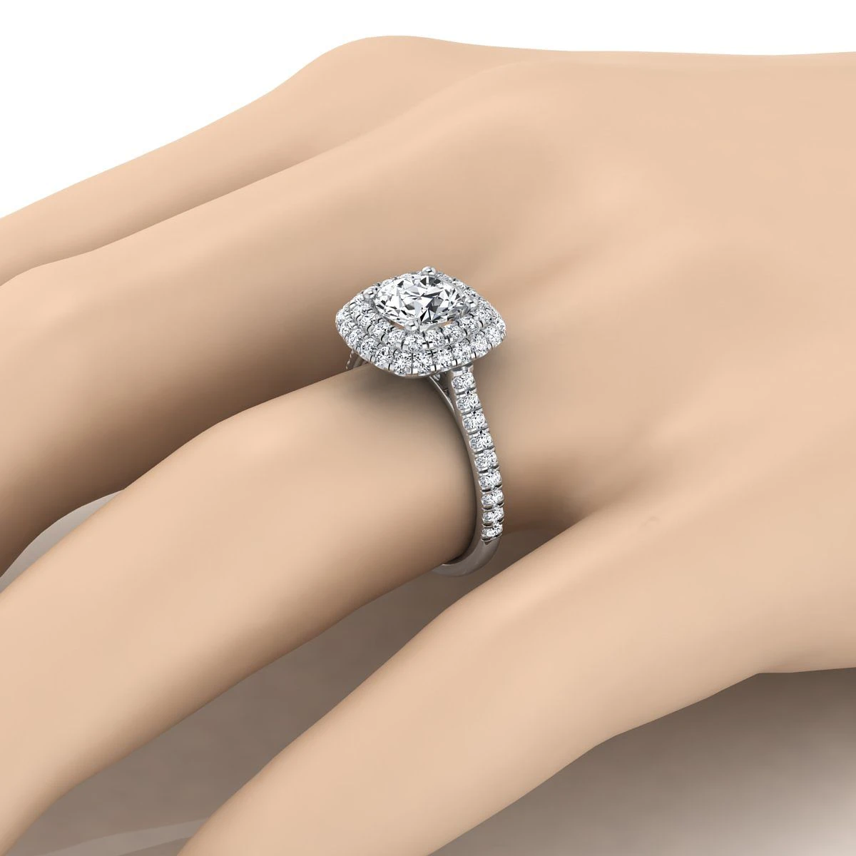 Platinum Round Brilliant Double Halo And Linear Pave Engagement Diamond Ring -3/4ctw - Image 3