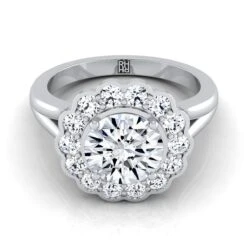 Platinum Round Brilliant Floral Diamond Halo Simple Split Shank -3/8ctw