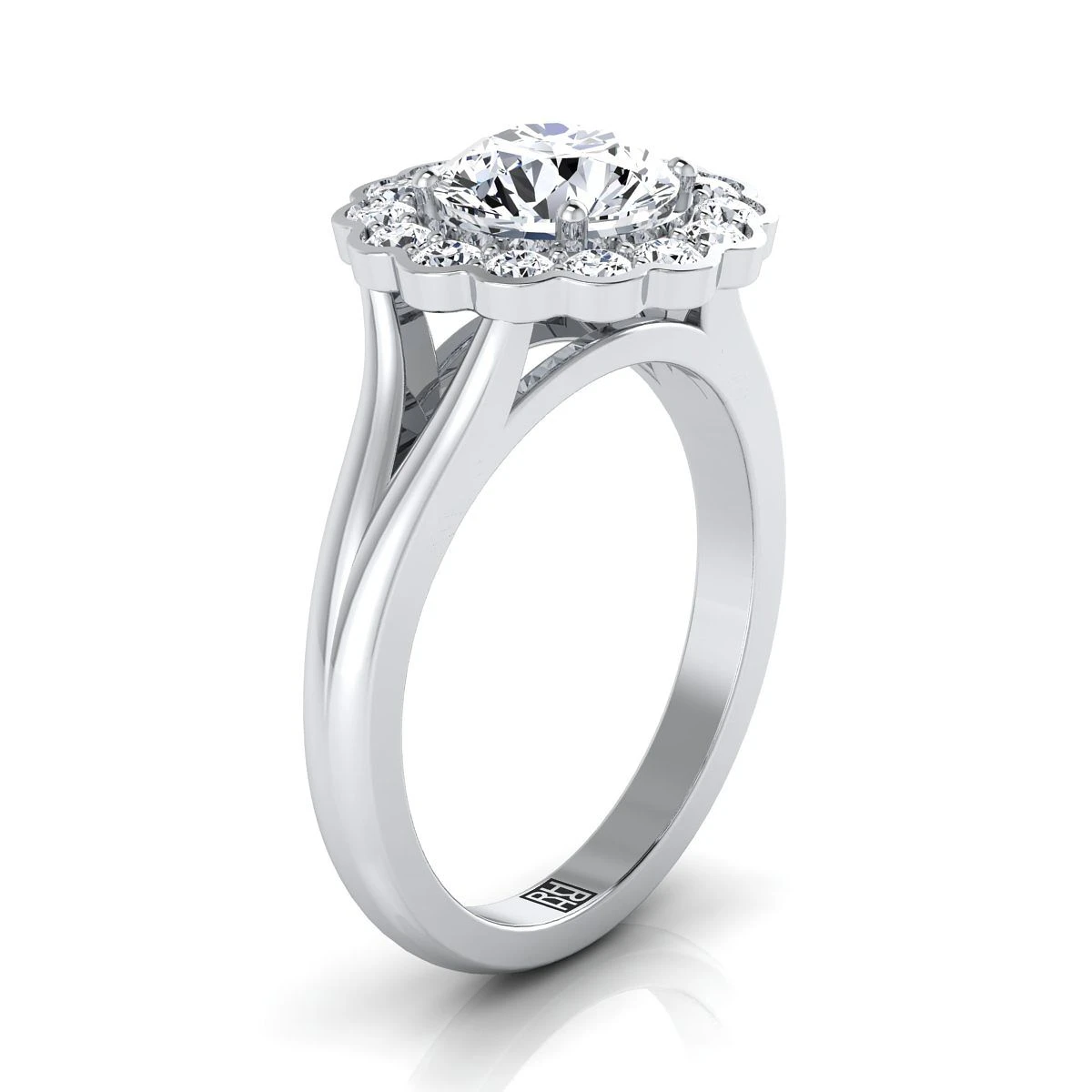Platinum Round Brilliant Floral Diamond Halo Simple Split Shank -3/8ctw - Image 2