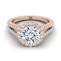 14K Rose Gold Round Brilliant Split Shank And Diamond Pave Halo Engagement Ring -1/2ctw